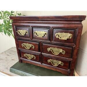 Vintage Oriental Mahogany Wooden Jewelry Box 7 Drawers Blue Satin Lined